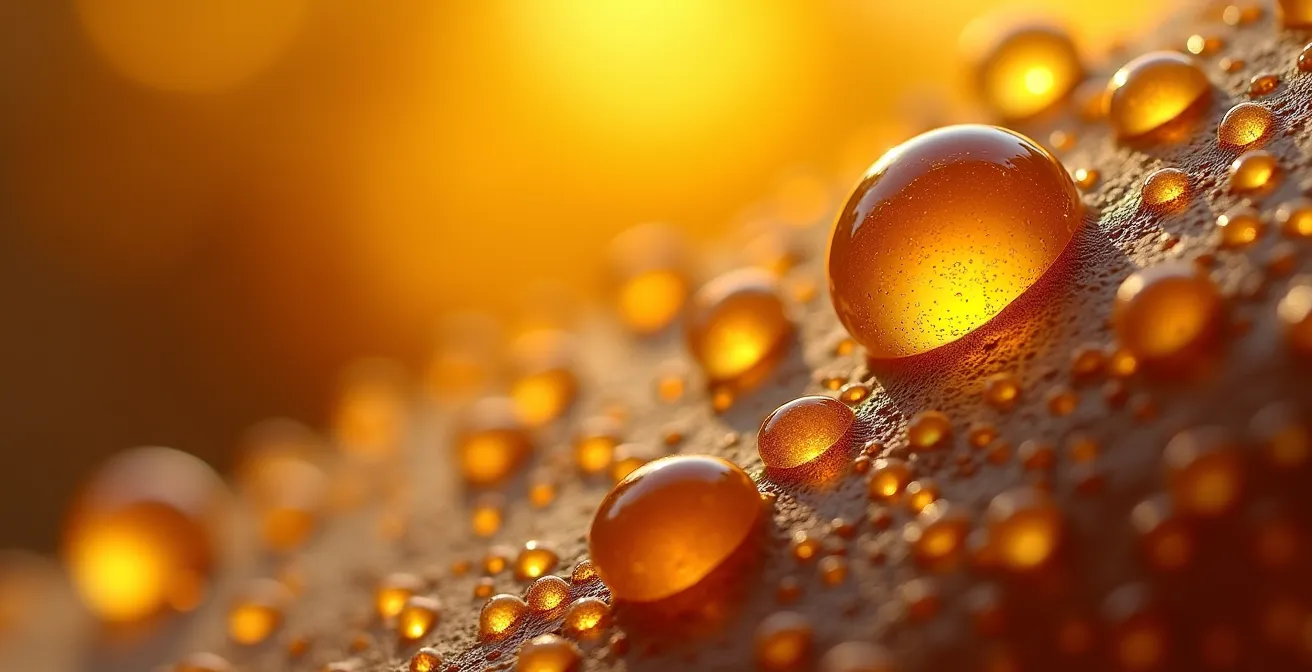 Vue macro d'une surface organique texturée évoquant le tissu hépatique avec des gouttelettes dorées